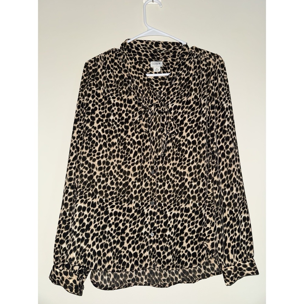 J.Crew Leopard Print Tie-Neck Button-Up Blouse Top Size M